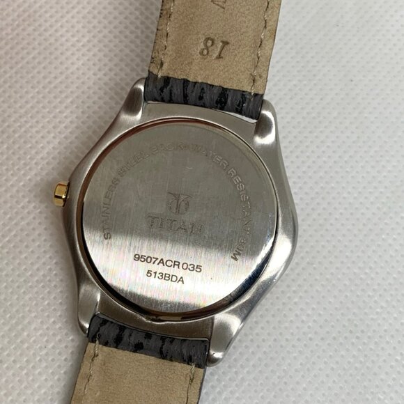 Titan men date silver gold tone wrist watch 36mm round shark leather running - Picture 4 of 8